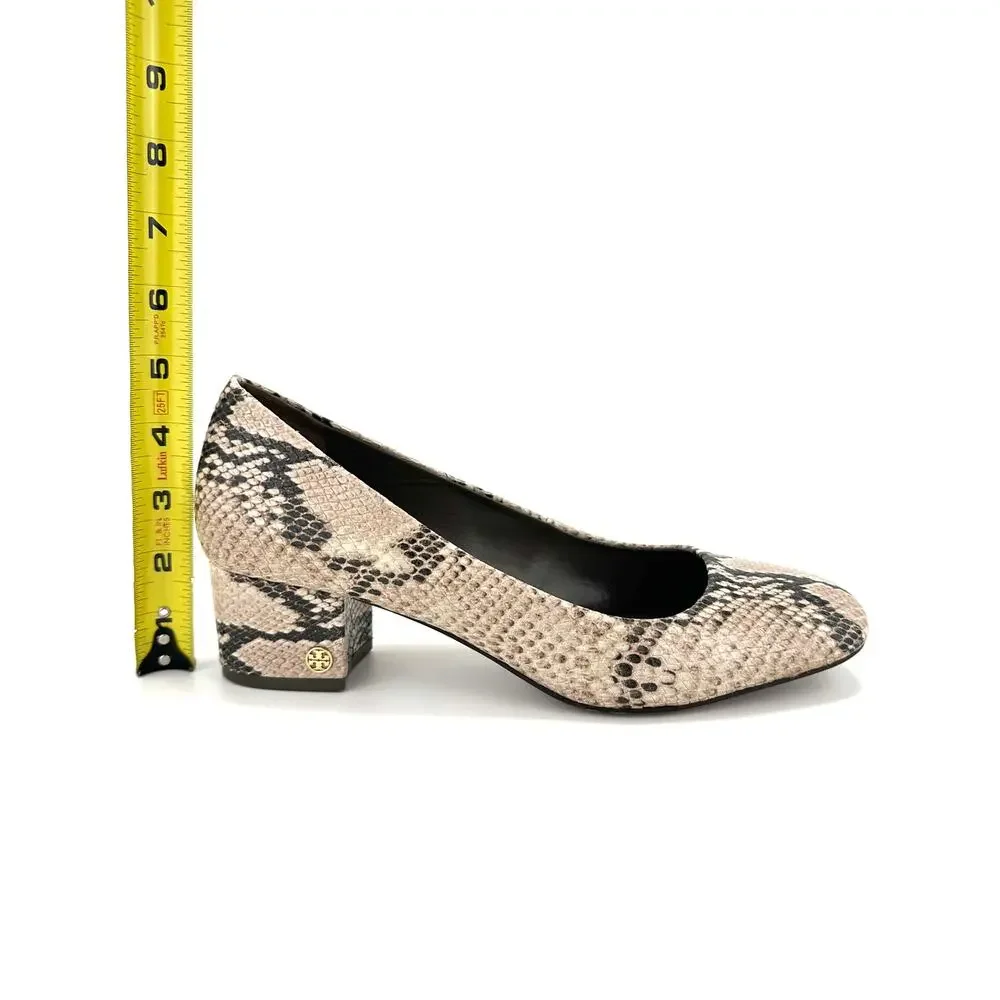 Tory Burch Block Heel Pump Sz 10M Tan Brown Snake Print Leather Closed Round Toe